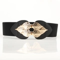 Elastic black waist belt with gold leaf-shaped metal buckle for women's dresses - Black