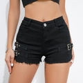 High-waisted black denim shorts with side metal buckles and frayed hem for women - Black