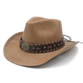 Classic wide-brim western straw cowboy hat with studded leather band and turquoise buckle - Khaki