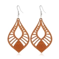 Macro detail of teardrop hollow wooden earrings in brown with silver metal hooks - Style 21/Log Color Teardrop Hollow