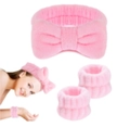 Set fascia per capelli e polsini assorbenti in pile corallo rosa per lavaggio viso - Set da 3 pezzi con fiocco rosa (180#)