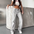 Vintage high waist wide leg jeans for women in washed light grey with loose fit style - S / Grey Q642