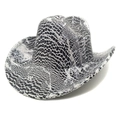 Chapeau de cowboy occidental à bord large avec texture en peau de serpent noire et blanche - M (56-58cm) / Argenté