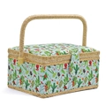 Detailed side view of floral fabric sewing basket with pinecone patterns and woven handle - A Style - Pine Cone