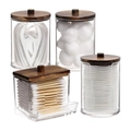 Set of four clear acrylic jars with dark brown wooden lids for cotton swabs and pads - 4pcs Set - 2 Round + 1 U-shaped + 1 Square with Black Wood Lid