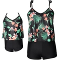 Detail eines zweiteiligen Badeanzugs mit tropischem Tankini-Top und schwarzer Hose - Kinder 116 / Schwarz Tropischer Druck Tankini Set