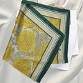 Elegant silk-like square scarf featuring yellow floral patterns and dark green borders - Dreamy Peony Green And Yellow Silk Scarf / 65
