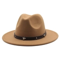 Detail of camel wool fedora with black leather band, silver stars and metal rivets - Khaki