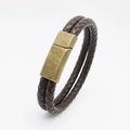 Bracelet double en cuir tressé marron avec fermoir magnétique en bronze vintage - Marron