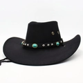 Dettaglio cappello cowboy in feltro nero con pietre turchesi e rivetti in metallo - M Taglia Adulto / Nero (Smeraldo)