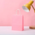 Detailed view of pink kraft paper gift bag with white twisted handles on a desk - 15*11*6 / Pink