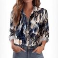 Women's long sleeve lapel shirt with multi-color abstract ink print and button-down front - S / Rainbow