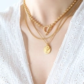 Three-layer gold necklace set with toggle clasp, snake chain and coin pendants for women - Gold 3-Layered Set