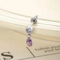 Silver piercing stud with round clear zircon and purple teardrop gemstone drop - Purple Water Drop Style (A682-6)