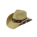 Detail of a straw cowboy hat with floral embroidery and a vintage metal bead on the leather band - Adult 58cm One Size / Khaki Floral Design Style