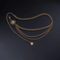 Detail of multilayer gold waist chain featuring a large sun flower pendant on black background - Gold Single Sun Multi-layer