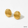 Golden oval stud earrings with vertical ribbed texture and polished vintage metal finish - Gold Ribbed Oval Earrings D2753