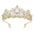 Luxuriöse goldene Brautkrone mit funkelnden Kristallen, Strasssteinen und seitlichen Kämmen - Hellgold mit weißen Diamanten