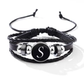 Classic black leather multilayer bracelet featuring a silver metal charm with letter S - Letter-S