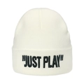 Close-up of white knit beanie featuring black embroidered JUST PLAY text detail - M (56-58cm) / White