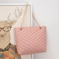 Pink V-quilted tote bag with golden chain straps and structured synthetic leather finish - Pink
