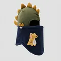 Detail of fleece dinosaur balaclava with decorative yellow back fins and side toggle - 4-6 Years / Green