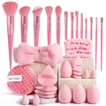 Pink makeup tool set including 14 brushes, beauty sponges and a bow headband - Comprehensive Full Set / Pink