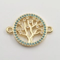 Gold life tree connector with blue enamel and clear crystals for DIY jewelry making - Blue Zirconia Tree of Life Gold Connector