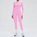 Pink long sleeve yoga jumpsuit with stand collar and zipper, high elasticity bodycon fit - Peach Pink