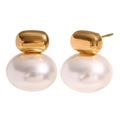 18K gold plated stainless steel stud earrings with small faux pearl design on white background - Small Faux Pearl Studs / Gold