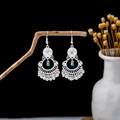 Bohemian silver drop earrings with turquoise bead and metallic tassel on wood - E5877-2 Silver Hollow Disc