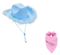 Cappello da cowboy in denim azzurro con bordo in pelliccia e bandana paisley rosa - Set 2 Pezzi Filo d'Argento Celeste