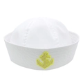Detailed close-up of white sailor hat featuring golden anchor embroidery on canvas fabric - Golden Anchor with Laurel Badge