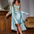 Light blue satin 2-piece loungewear set with floral patterns and matching lace-up robe - Light Blue