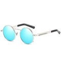 Steampunk round sunglasses with silver metal frame and reflective light blue lenses - Silver Blue Mirror Polarized