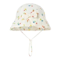 Detail view of cotton baby sun hat with floral print and adjustable drawstring chin strap - Red Blue Floral