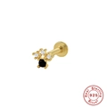 Macro detail of 925 sterling silver ear stud with clear and black crystal stones - Single Gold-Black Stone Combo