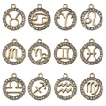 Set of 12 gold plated zodiac pendants featuring sparkling rhinestones in a grid layout - KC Gold 12 Zodiac Signs Set (24Pcs)