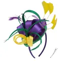 Retro purple satin flower fascinator with yellow feathers and green mesh base - Yellow, Green & Purple