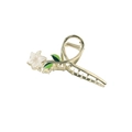 Golden metal hair claw clip with white lily flower and green enamel leaves - 11CM Lily Flower Claw / Bulk Packaging