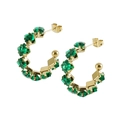 Detailed view of gold C-shaped earrings with rectangular green zircon stone inlay - Emerald