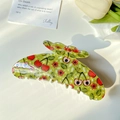 Green semi-circular hair claw clip featuring cherry and flower patterns in gloss finish - Cherry Green 11CM
