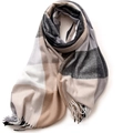 Neutral plaid checkered scarf in beige and brown cashmere feel with fringe details - 180cm / Old Grey