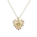 Golden heart pendant necklace with colorful zircon evil eye motif on white background - Pave Zircon Heart Evil Eye