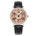 Elegant rose gold watch with multi-color floral gem dial and black leather strap - Black