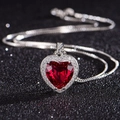 Elegant silver necklace with deep red heart-shaped gemstone and crystal halo - Xl-95 [with Cross Chain]