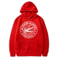 Men's red long sleeve hoodie featuring white Alligator Alcatraz graphic print and drawstring - Red