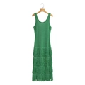 Detailed view of green knitted sleeveless dress featuring elegant multi-layer fringe tassels - S / Green
