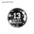 Set of 10 disposable 18cm black paper plates with 13th Happy Birthday theme design - Teenager Theme B&W Small Plate