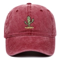 Macro detail of green cactus embroidery on vintage washed burgundy baseball cap - Burgundy